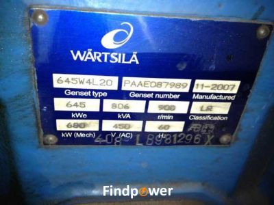 Sale: WARTSILA 645W 4L20 645KW 450V 60HZ 900RPM X 2 2007/ 2005